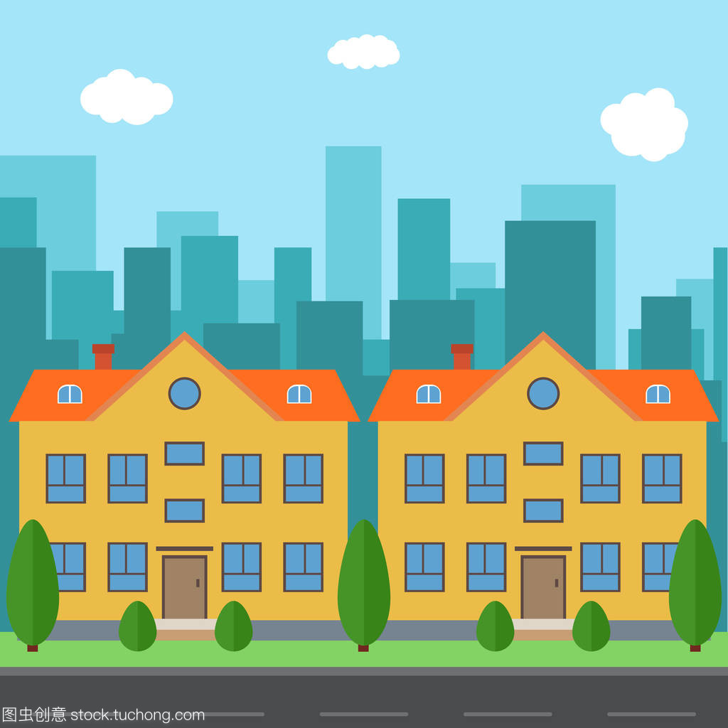 矢量城市 卡通房屋與平面建筑構(gòu)建的夢幻空間